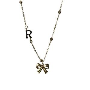 Gold Tone Bow Charm Initial R Necklace Beaded Chain Delicate Dainty New